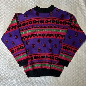 Vintage Vibrant Red and Purple Patterned Women's Sweater